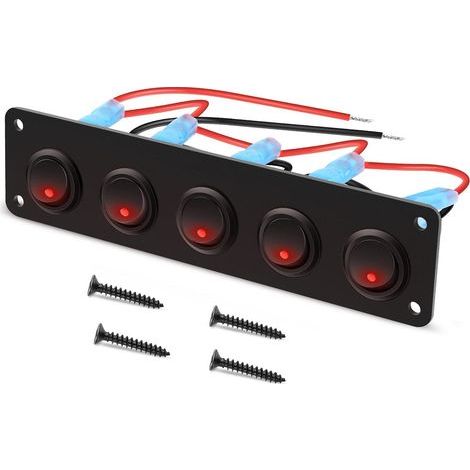 Interruptores basculantes redondos LED rojos de 12-24 V, panel de interruptores para coche, 5 interruptores, panel de interruptores de 12 V para coche, camión, coches de carreras, embarcaciones (1/5)