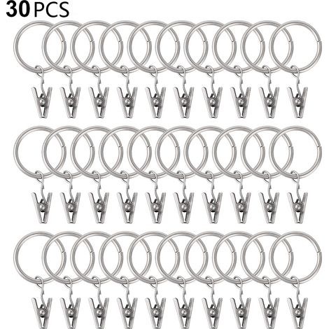 Lot de 30 anneaux de rideaux avec pinces, crochets et pinces robustes pour tringle à rideaux, œillets métalliques de diamètre intérieur, supports décoratifs pour rideaux et fenêtres.