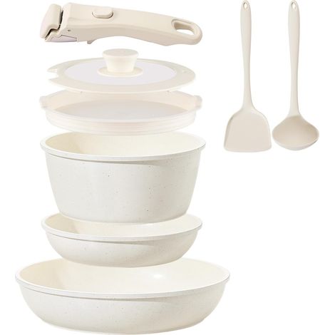 Set de 8 Pièces Casseroles et Poêles Antiadhésifs en Céramique, Sans PFOA — Compatible avec Induction/Gaz, Poignées Amovibles, Conception Empilable et Lavable au Lave-Vaisselle Blanc crème (1/5)