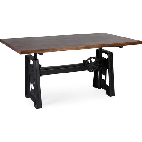 Table à manger industrielle hauteur réglable fer noir et bois de manguier marron Kouba 160cm (1/5)
