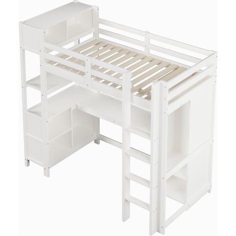Lit mezzanine 90x200 cm avec bureau, étagères et armoire, blanc, sans matelas, HOMVRA (1/5)