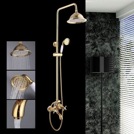 Système de douche rétro en laiton avec colonne de douche, douche à effet pluie, douchette à main, doré