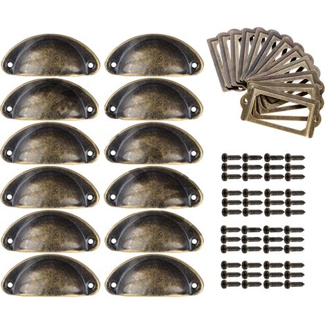 12pcs Poignées de Tiroir + 12pcs Cadres Étiquettes Poignées + 48pcs Vis Boutons de Meuble Métal Bronze Rétro Décoration Porte Meuble Tiroir (1/5)