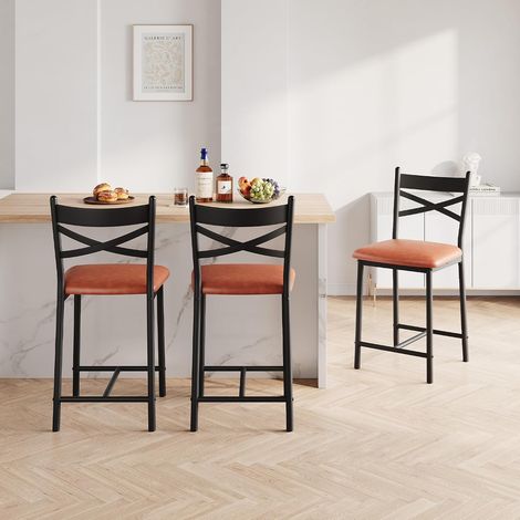 Lot de 2 tabourets de bar marron cadre métallique avec dossier et assise rembourrée pour îlot de cuisine (1/4)