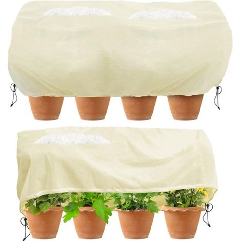 Cache-plantes carré - Idéal pour protéger vos plantes d'extérieur en hiver - Avec cordon de serrage, 2 pièces, beige, 100 × 40 × 40 cm (1/5)