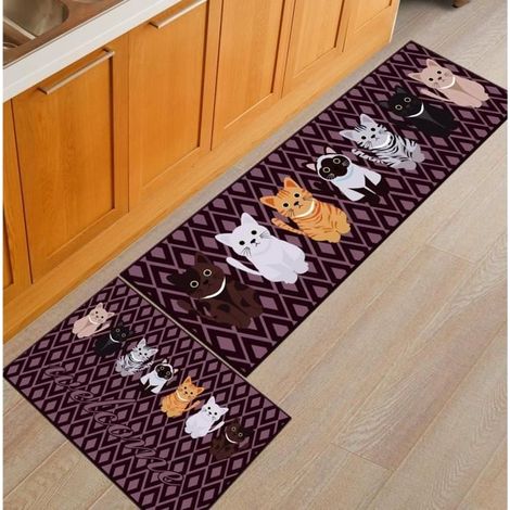 Lot de 2 Pcs Tapis de Cuisine Marron Devant Évier Tapis Antidérapant Chat Imprimé Décoration Maison