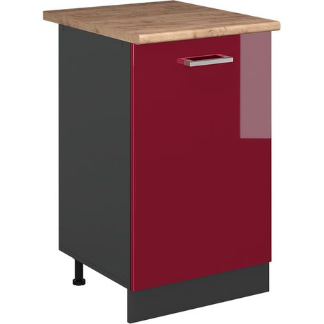 Küchenunterschrank R-Line, Rot Hochglanz/Anthrazit, 50 cm Arbeitsplatte Goldkraft Eiche, Vicco