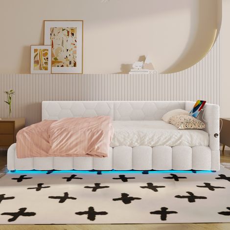 lit adulte daybed rangement 90x200 LED USB velours blanc OKMYHOME (1/5)