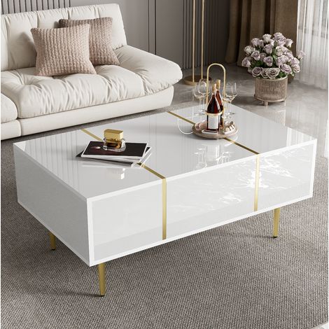 Wohnzimmertisch Tisch Hochglanz 100x60 Weiß Gold OKMYHOME (1/5)