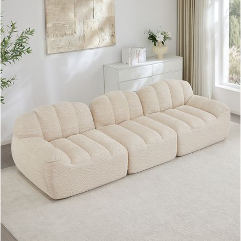 Divano modulare 3 posti beige in tessuto felpato testurizzato, forma a conchiglia, seduta profonda 68 cm, senza montaggio (1/5)