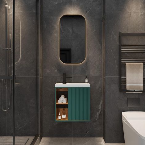 UEV Meuble Lave-Mains Mural, Meuble Lavabo Suspendu, Lavabo en Résine, Espace de Rangement Caché/Ouvert, Motif de Ligne, 51 x 30,5 x 54 cm, Vert Foncé