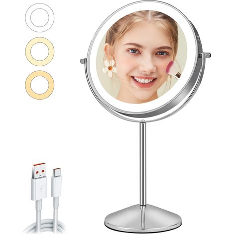Miroir de maquillage de 20,3 cm avec éclairage - Rechargeable - Avec grossissement 1X/10X - Double face - 3 couleurs - Écran tactile - Luminosité réglable - Rotation à 360° - Pour salle de bain (1/5)