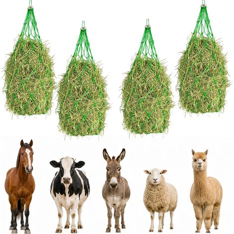Lot de 4 grands sacs à foin pour chevaux - Filet à foin extra étroit - Accessoires pour chevaux - Filet à foin à mailles étroites - Filet à foin sans nœuds (vert) (1/5)