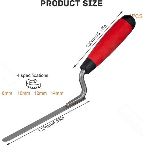Gasket Trowel, Width 8 10 12 14 mm, Rubber Handle, Stainless Steel Joint Spatula, Masonry, Building, Carreling, Decorating, Furnishing (Red) (1/4)