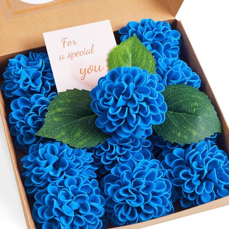 Lot de 12 fleurs artificielles bleues - En mousse - Décoration - Vase pour arrangements floraux, mariages, bouquet de mariée - 6 feuilles - Tige de 25 cm (1/5)