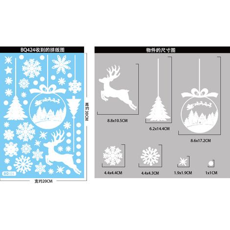 Autocollants blancs pour vitrines de Noël, guirlandes de Noël, flocons de neige, autocollants statiques, autocollants pour vitrines de traîneaux de rennes, décorations de Noël pour vitrines de magasin