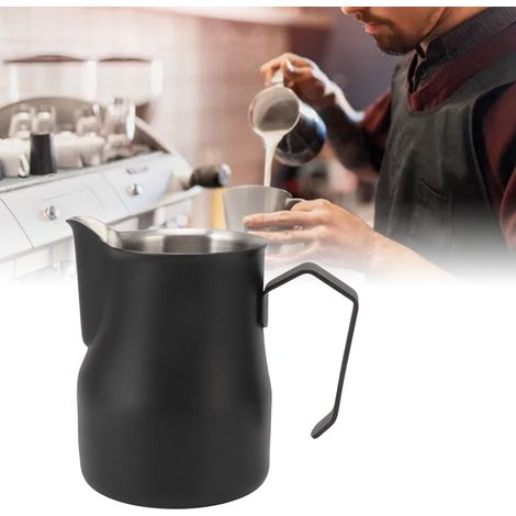 Messbecher aus italienischem Edelstahl 304 mit Ausgießer, Milchaufschäumkännchen, Milchspatel, Latte-Art-Becher, matt schwarz, 350 ml (1/5)