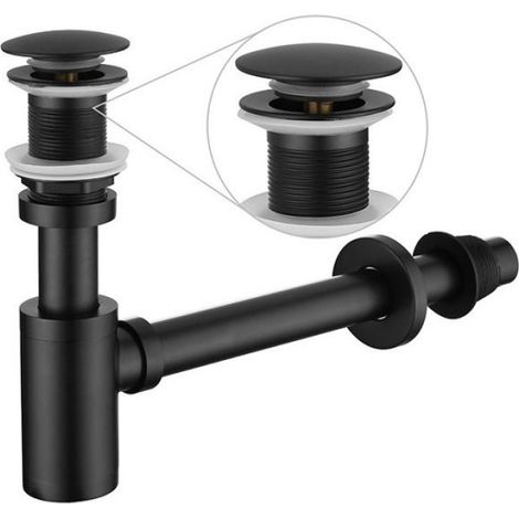 Kit Siphon P Lavabo - - Noir Mat - Bonde à Tirette - Laiton 1-1/4" - Installation Facile (1/3)