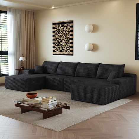 Divano angolare modulare nero con chaise longue, in tessuto effetto velluto a coste, senza montaggio,270x175x83 cm