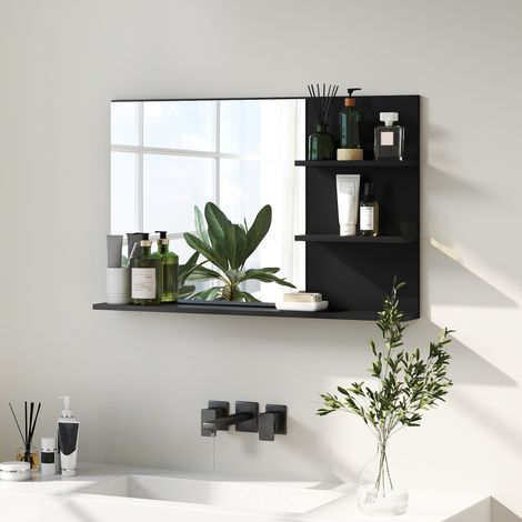 Moderner Badezimmerspiegel mit zwei seitlichen Ablagen und einer unteren Ablage, Wandspiegel aus MDF und Glas, 75 x 10 x 48 cm, Schwarz
