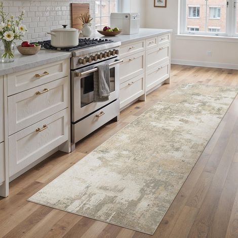 Tapis Beige Couloir 60x240cm Abstrait Cuisine Lavable en Machine Antidérapant Poil Ras Doux Couleur Tapis Chambre Adulte Moderne Salle à Manger Bureau Descente Carpt (1/5)