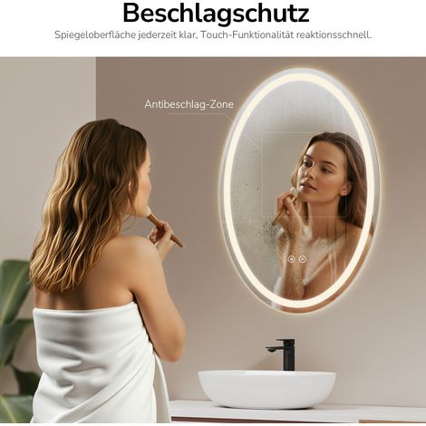 EMKE Ovaler LED Wandspiegel mit Beschlagfrei 60x80cm Badspiegel 3 Lichtfarben Dimmbar Touchschalter Lichtrand (1/4)