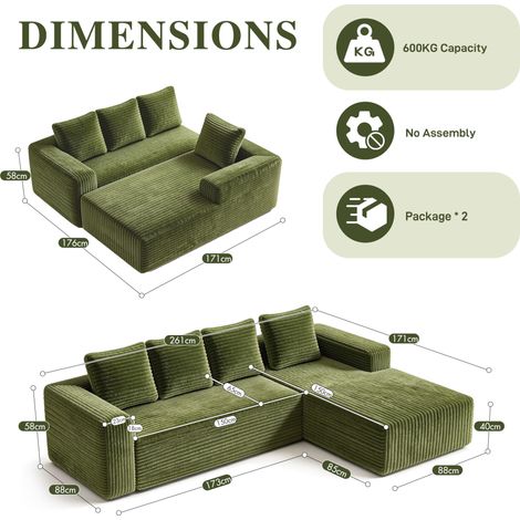 Sofá de esquina modular 261x168x58 cm en tela acanalada verde, asiento profundo - MEUBLIV (1/5)