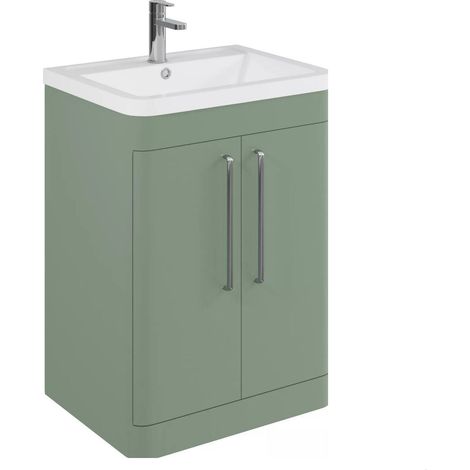 Balterley Calwich Contemporary Bathroom Floor Standing Vanity with 2 Soft Close Doors & 1 Tap Hole Polymarble Basin, Satin Green, 600mm