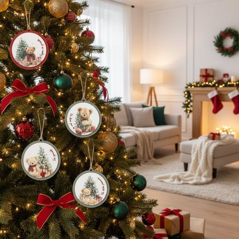 Pendaglio tondo in legno con orsetto decorazione natalizia per albero di Natale set da 6 (1/3)