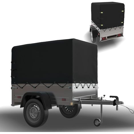 Bâche haute pour remorque - 210 x 114 x 90 cm - Bords renforcés avec œillets et corde de bâche - Imperméable - Fermeture éclair - En tissu - Pour remorque de voiture - 750 kg - Noir