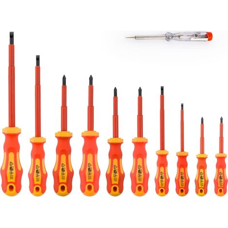 Lot De 11 Pcs Tournevis Isolés VDE, 1000v Pointe Noire Magnétique Poignée TPR Électricien Fente Confort Fendu Phillips et Outils Pozi avec Testeur d Sécurité pour Vis Torx Montres (1/5)