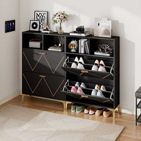 Meuble à chaussures 4 portes battantes basses, rangement d'entrée avec 8 compartiments, étagère semi-ouverte 4 niveaux, buffet pour salon, pieds surélevés, panneaux MDF et métal (1/5)