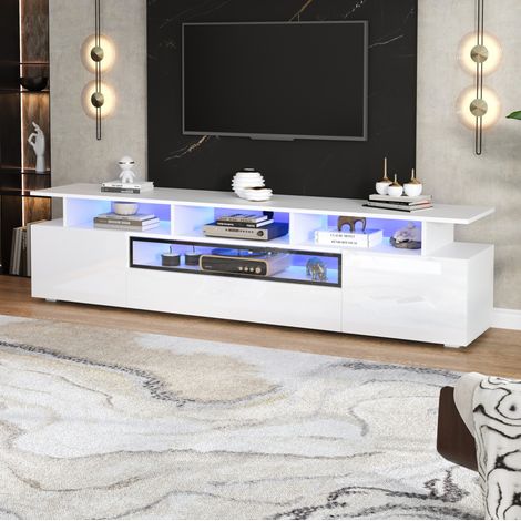 TV-Lowboard 180x38x45 cm Weiß aus Spanplatte mit Hochglanzfront, LED-Beleuchtung und Stauraum (1/5)