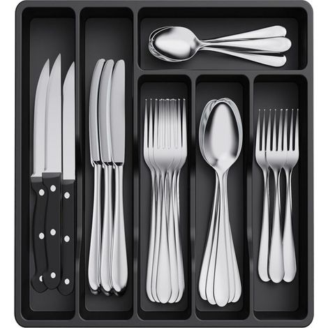 Organisateur de couverts en plastique pour tiroir – Boîte de rangement avec couvercle transparent – 6 compartiments – Dimensions 32x30x5,4 cmnoir (1/5)