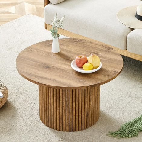 Table basse ronde 70 cm pour salon, design colonne cannelée, structure stable en MDF et métal, coloris bois