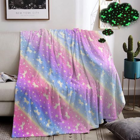 Light-Up Blanket for Girls, Glow-in-the-Dark Unicorn Blanket, Warm Flannel Blanket with Stars and Pony Patterns for Boys and Girls (Unicorn A, 150x200cm) (1/5)