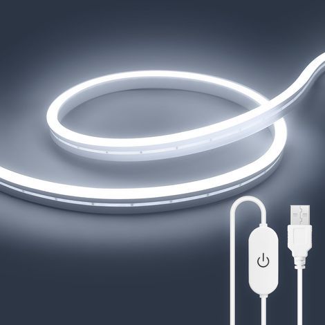 Ruban LED Néon 2 Mètres Blanc Froid, 3000K 5V Bande LED Alimentation USB, Ruban LED Extérieur avec IP67 Etanche et Dimmer pour Cuisine, Armoire, Miroir, Décoration d'intérieur (1/5)