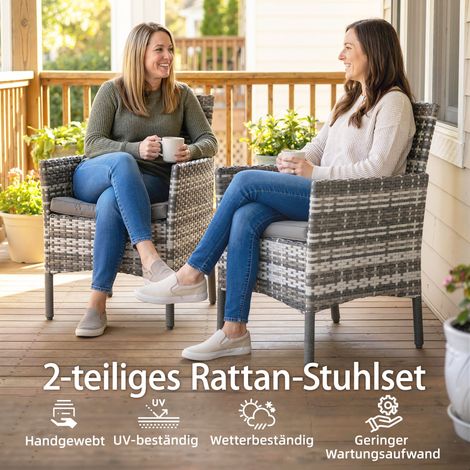 Ensemble de 2 fauteuils de jardin en résine tressée, mobilier extérieur avec coussins déhoussables, structure acier, coloris gris (1/4)