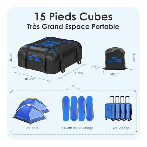 Sac de Toit 425-566 L, imperméable, Pas Besoin de Porte-Bagages, Coffre de Toit de Voiture avec Tapis antidérapant et 6 Sangles (Bleu-425 L) (1/3)
