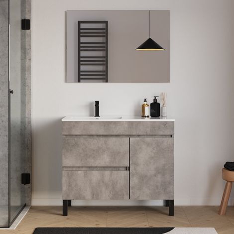 Meuble de salle de bain 100cm sur pieds avec vasque déportée à gauche avec porte et tiroirs - ciment (gris) - LAZARO (1/5)