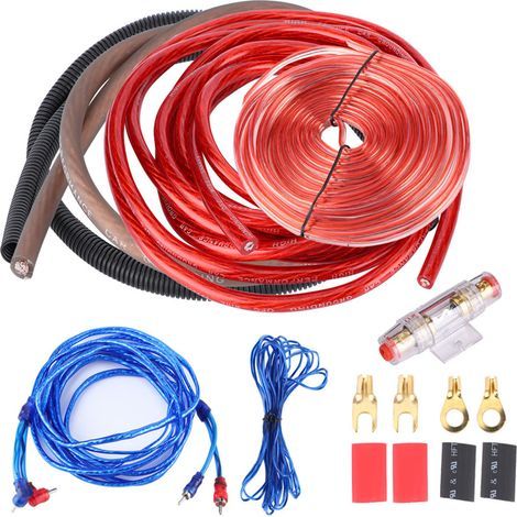 Cavo per subwoofer per auto, cavo per altoparlanti in ABS + metallo calibro 4, blu + rosso, kit woofer premium da 2800 W per circuiti di amplificazione di potenza (1/5)
