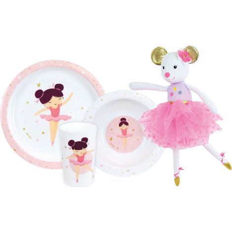 Set de vajilla - FUN HOUSE - BAILARINA - Plato hondo Ø16 cm, Plato llano Ø22 cm, Vaso 220 ml y Peluche musical 40 cm (1/5)