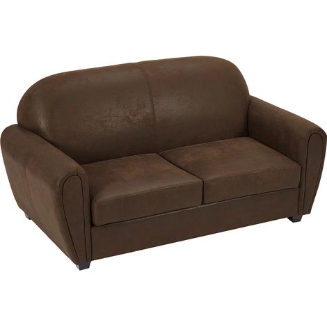 Vente-Unique – Canapé droit 3 places en microfibre marron – Aspect cuir vieilli – Modèle club avec accoudoirs – Confort équilibré et garnissage mousse (1/5)