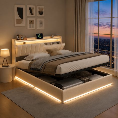 Lit coffre 160x200 cm, tête de lit avec rangement velours beige, LED, ports USB, design moderne et confortable (1/5)