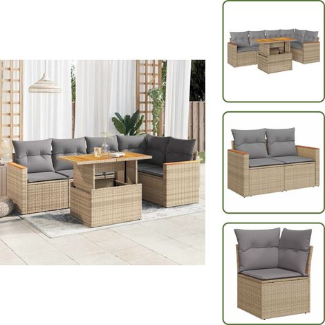 6-tlg. Garten-Sofagarnitur mit Kissen Beige Poly Rattan Akazie - Garten Sofagarnitur - Garten Sofagarnituren - Outdoor Sofagarnitur - Sofagarnitur Terrasse (1/5)