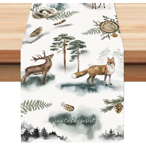 Chemin deTable Noel 33 x 183 cm, Decoration Table Noel Forêt, Chemin de Table Lin Renne Renard pour la Saison des Vacances Hiver Cuisine Table à Manger (1/5)