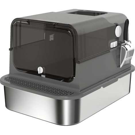 CHICFURN Lettiera per gatti XXL in acciaio inox nero con coperchio, doppio accesso (1/5)