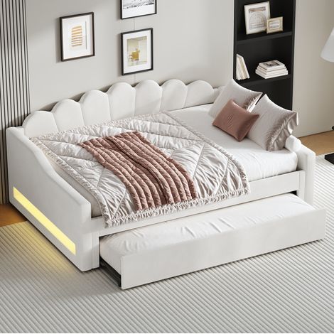 lit adulte gigogne LED 140x200 rembourré lin beige OKMYHOME (1/5)