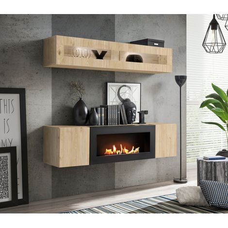Ensemble meuble TV mural Fly N2 avec cheminée bioéthanol et vitrine LED - Bois MDF chêne Hickory Jackson - 160 x 150 x 40 cm - Livraison gratuite (1/3)