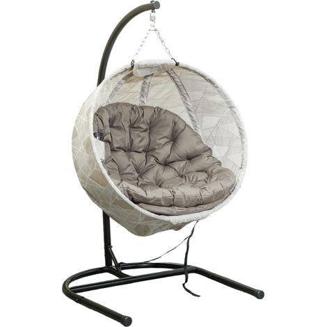 Fauteuil œuf suspendu avec fonction balancelle, panier pliable et porte-gobelet, sable (1/5)